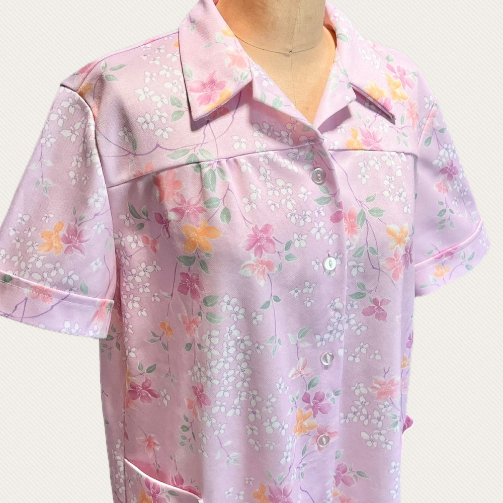 VINTAGE 70s cottage floral button front blouse short sleeves pockets polyester